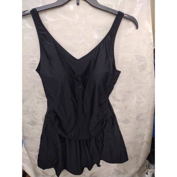 Swimsuit Womens 18W Black One Piece Swimdress Skirted V Neck Plus Size Straps - Picture 1 of 5